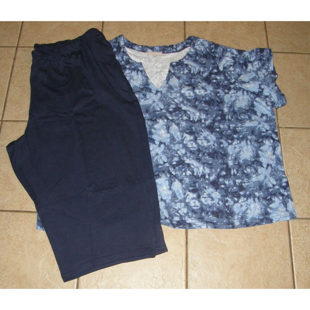 WOMAN WITHIN Blue Plus Sz 34/36 Capri Pants & Tie Dye Shirt 2 Pc Outfit Set NEW